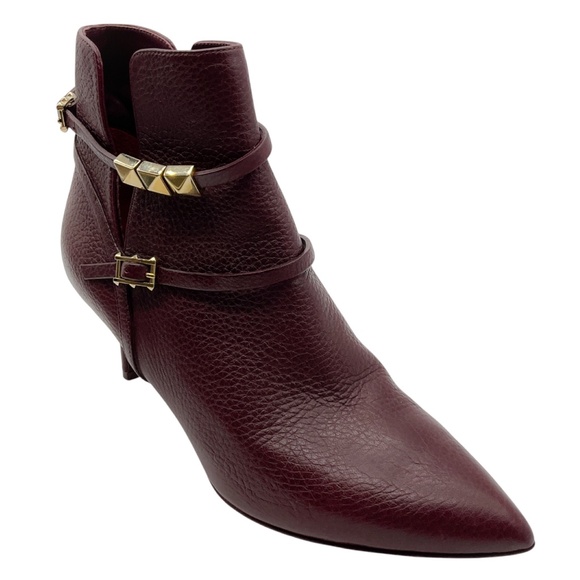 VALENTINO BURGUNDY / GOLD ROCKSTUD GRAINED LEATHER BOOTS - Picture 1 of 8